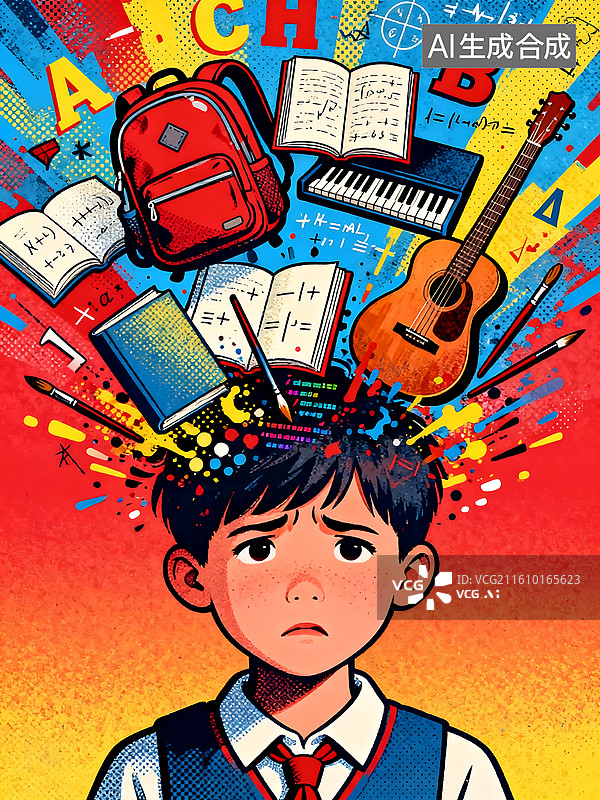 【AI数字艺术】学生学习和兴趣班负担重题材3D卡通风格插画图片素材