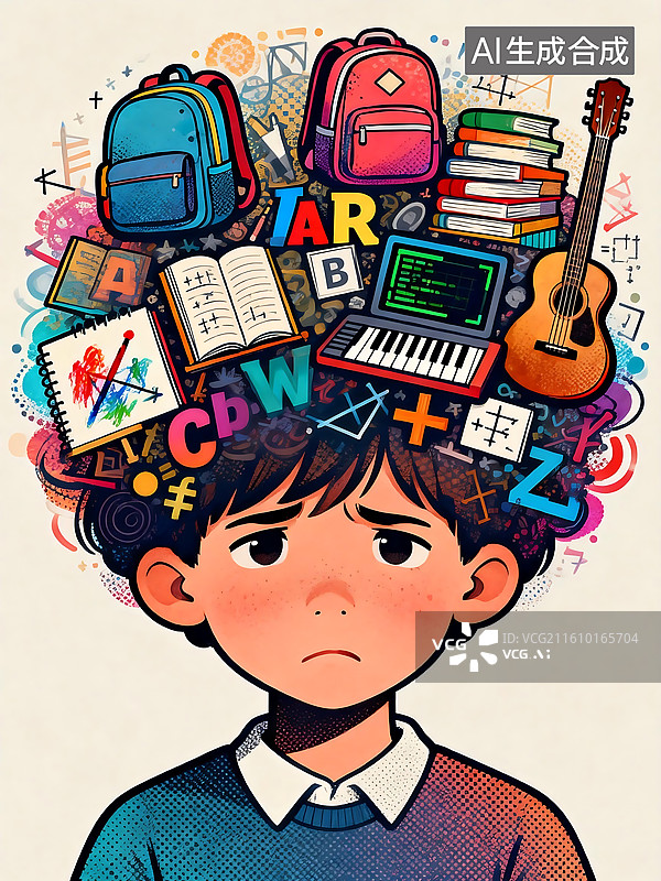 【AI数字艺术】学生学习和兴趣班负担重题材3D卡通风格插画图片素材