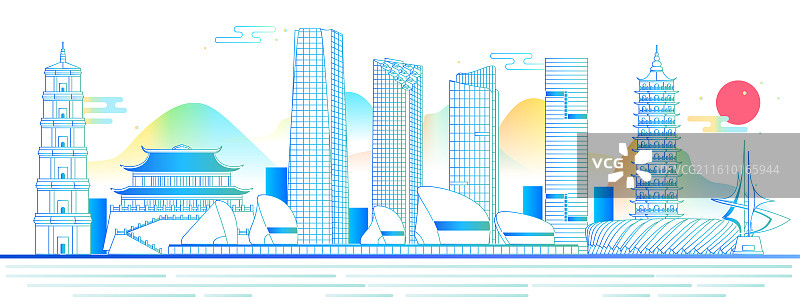 福建福州地标建筑城市天际线奥体中心镇海楼白塔报恩塔图片素材