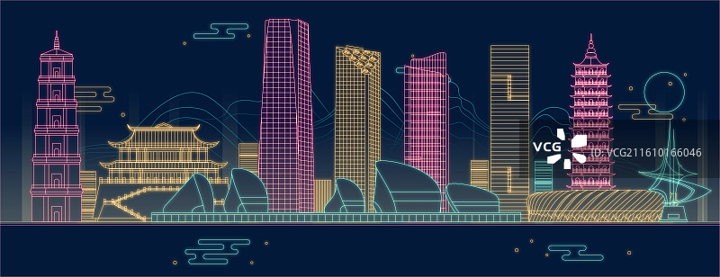 福建福州地标建筑城市天际线奥体中心镇海楼白塔报恩塔图片素材