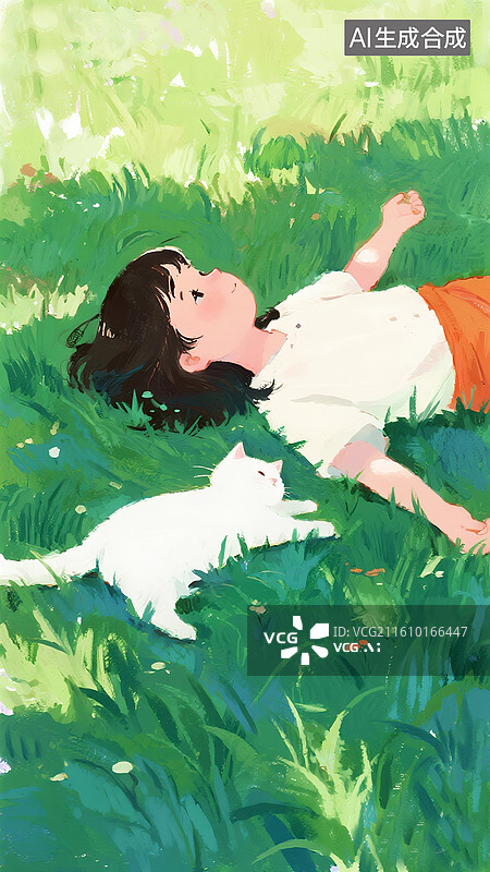 【AI数字艺术】治愈系白色猫咪与女孩插画 在绿色草地上躺着睡觉的女孩 慵懒的白猫 竖版图片素材