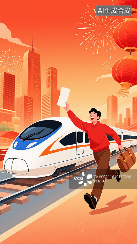 【AI数字艺术】平安春运回家过年，春运冬天回乡的列车，行驶的火车，橙色城市高楼背景， 回家过年节日氛围竖版图片素材