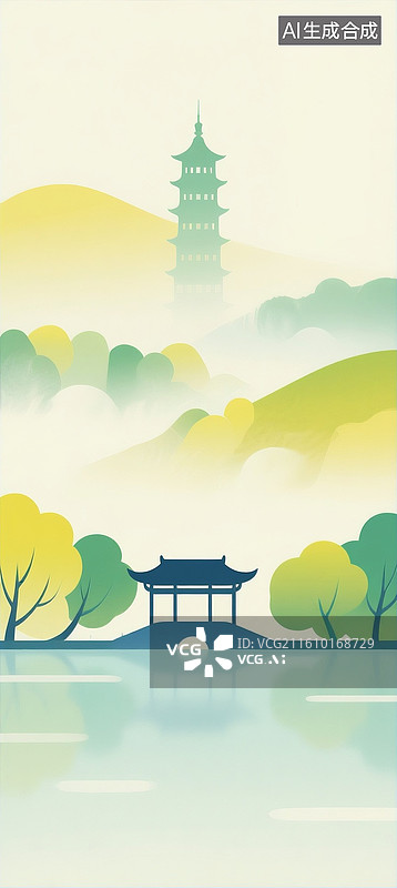 【AI数字艺术】新中式扁平渐变山水 古风山水画 水墨浅黄色风景画 中国风山水和山脉里的高塔， 手机壁纸插画图片素材