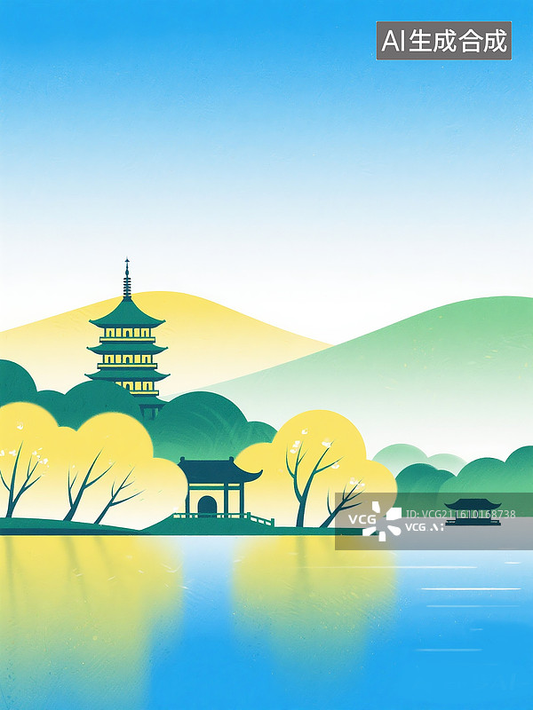 【AI数字艺术】新中式扁平渐变山水 古风山水画 水墨浅黄色风景画 中国风山水和山脉里的高塔， 手机壁纸插画图片素材