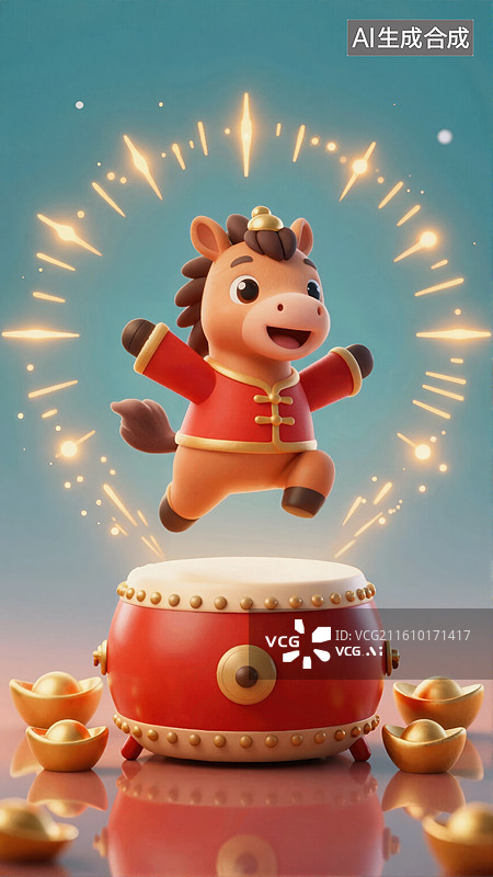 【AI数字艺术】马年春节吉祥马敲鼓迎新春图片素材