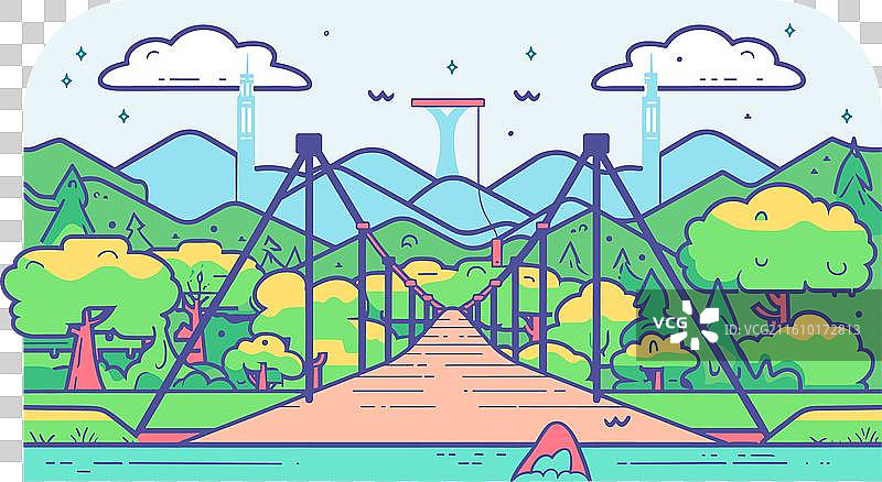 连接着郁郁葱葱的绿色山丘的悬索桥图片素材