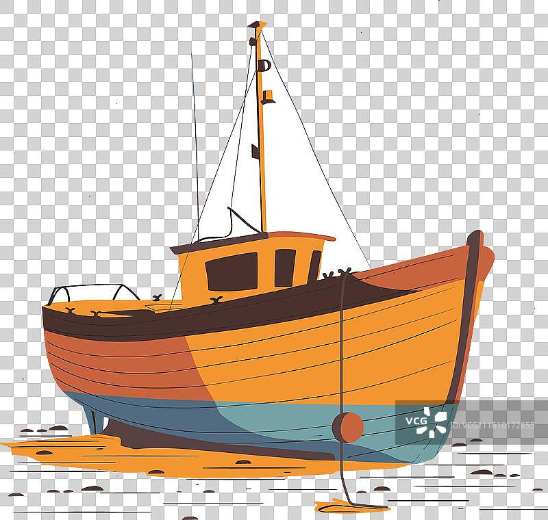 停靠在沙滩上的整洁木船，宁静祥和图片素材