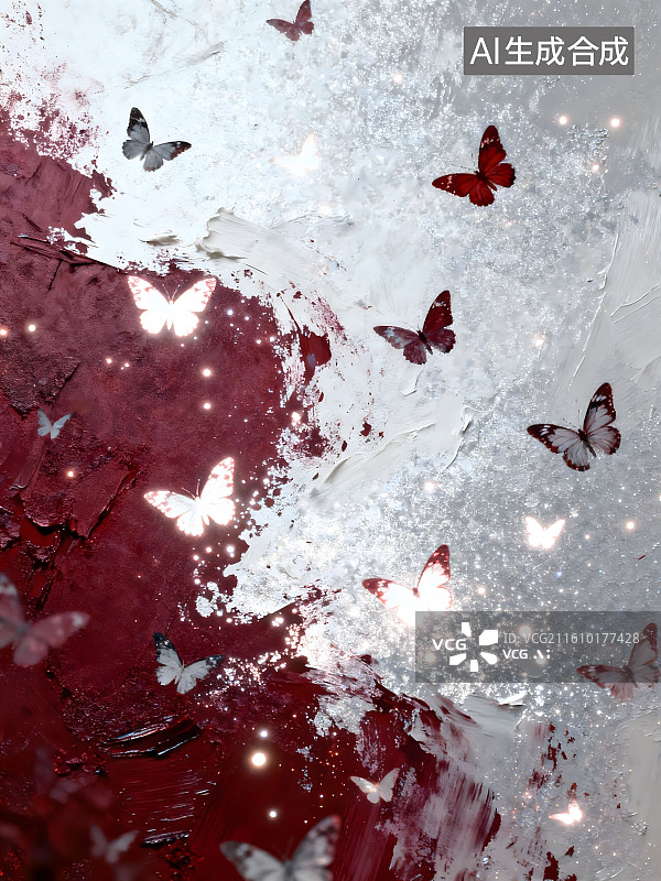 【AI数字艺术】钛白与酒红搭配，飞舞的蝴蝶，磨砂颗粒质感，点点亮光，光影层次感强烈图片素材