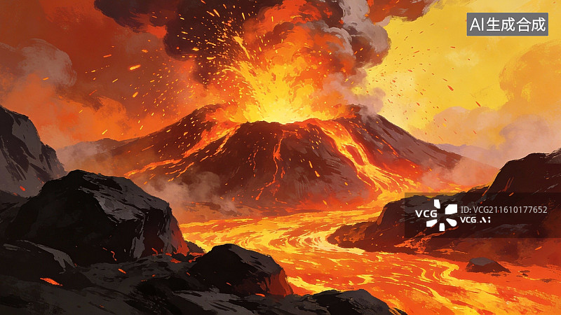 【AI数字艺术】火山喷发熔岩流淌景象图片素材