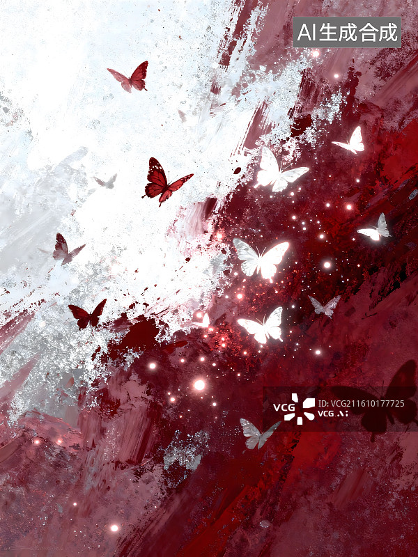 【AI数字艺术】钛白与酒红搭配，飞舞的蝴蝶，磨砂颗粒质感，点点亮光，光影层次感强烈图片素材