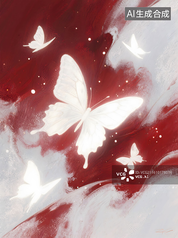 【AI数字艺术】钛白与酒红搭配，飞舞的蝴蝶，磨砂颗粒质感，点点亮光，光影层次感强烈图片素材