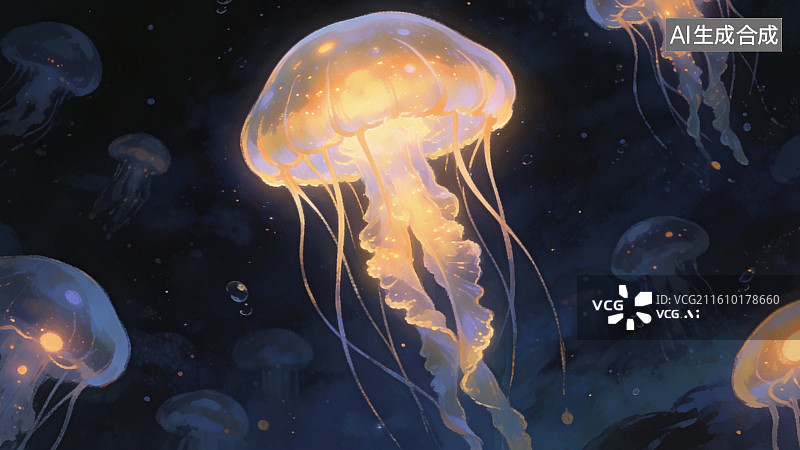 【AI数字艺术】发光水母在深海中漂浮图片素材
