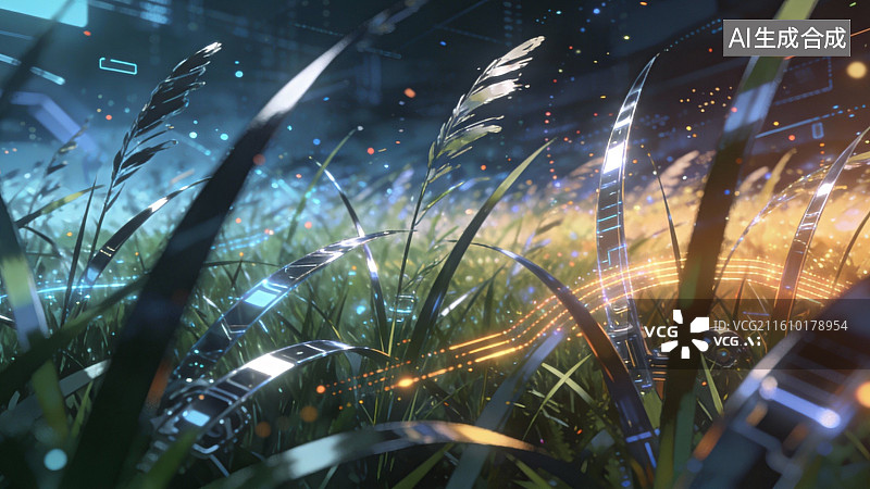 【AI数字艺术】未来草丛中的科技光影图片素材