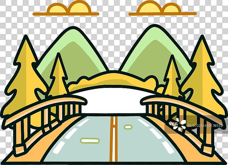 宁静的山路桥梁，两侧环绕着色彩鲜艳的树木图片素材