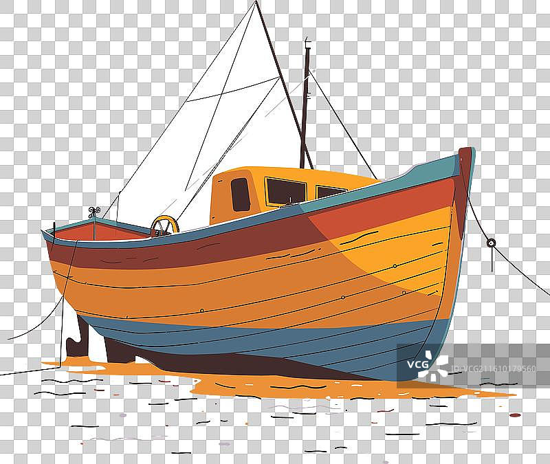 明亮的木制渔船，复古风格停靠图片素材