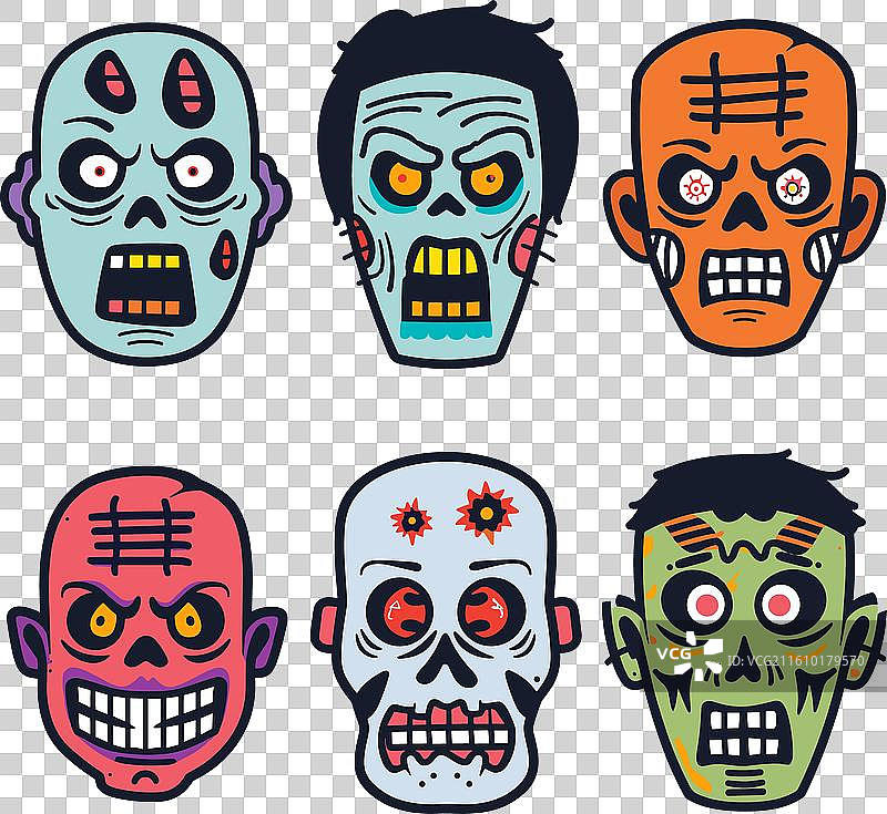 卡通僵尸头，细节逼真，风格各异，令人毛骨悚然图片素材