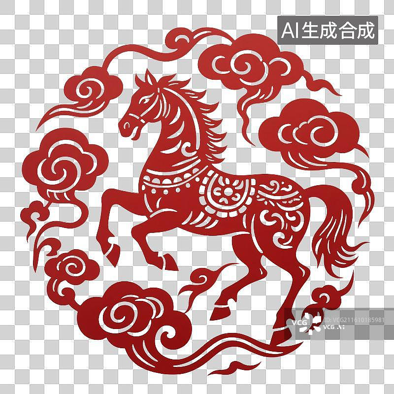 【AI数字艺术】中国风红色剪纸，窗花，马年，马，十二生肖，传统图案，花纹，免抠元素图片素材