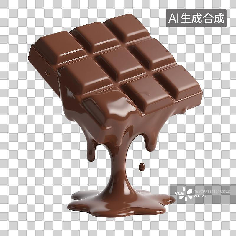 【AI数字艺术】3D渲染，融化的巧克力，一块巧克力，黑巧，可可脂，甜食零食烘焙原料图片素材