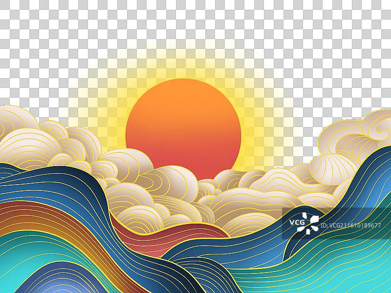 国风海日东升海浪祥云创意插画图片素材