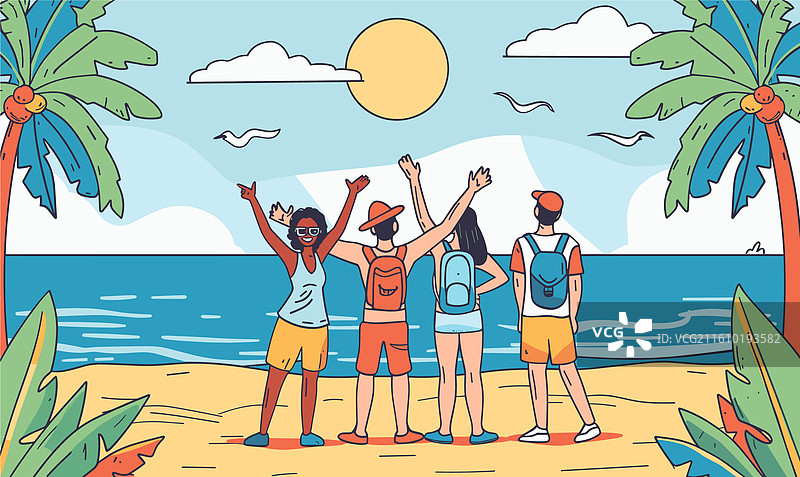 四个不同肤色的年轻人在海滩迎接日出图片素材