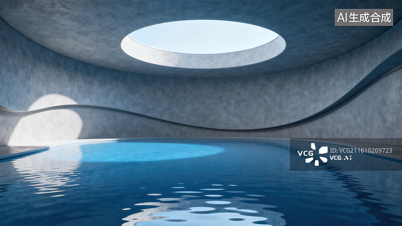 【AI数字艺术】《现代极简混凝土曲线天窗室内泳池场景》图片素材