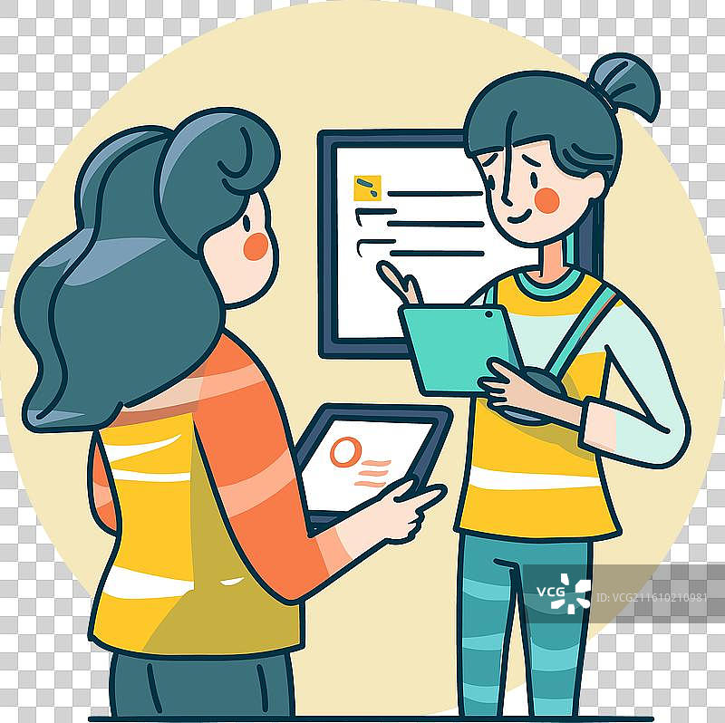 两位女性讨论工作，使用数码平板，旁边有一位经理图片素材