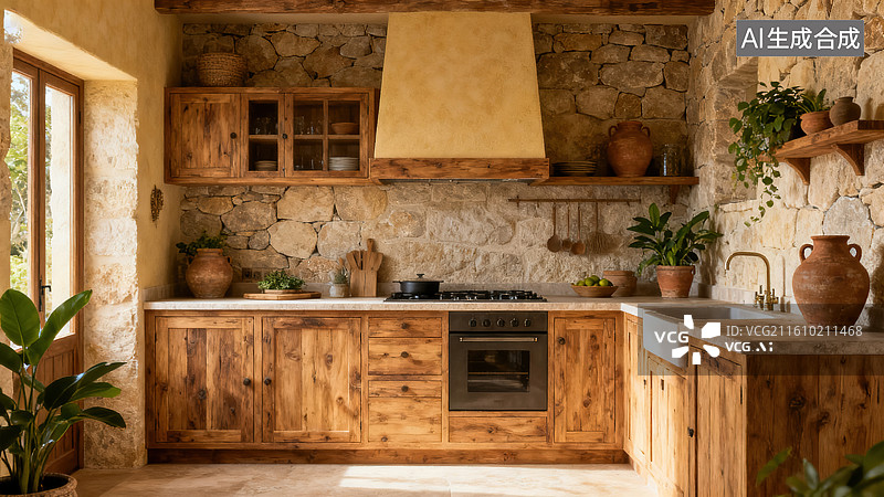 【AI数字艺术】《乡村风木质石砌厨房场景》图片素材