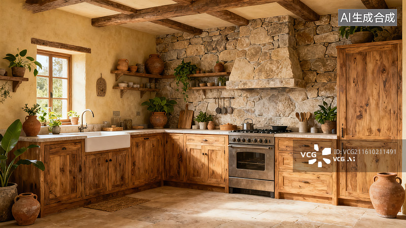 【AI数字艺术】《乡村风木质石砌厨房场景》图片素材