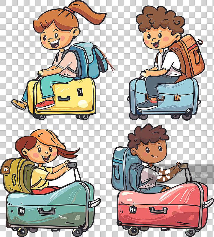 孩子们骑着色彩缤纷的行李箱，脸上洋溢着笑容图片素材
