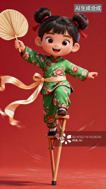【AI数字艺术】踩高跷的小女孩3d插画图片素材