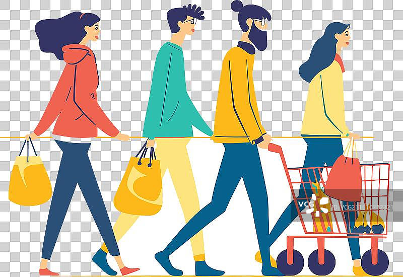 四位不同肤色的成年人在购物，手里拿着东西图片素材