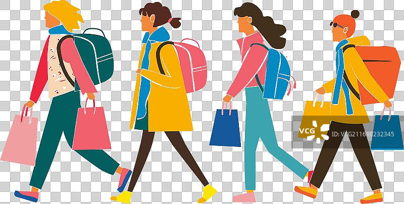 一群不同肤色的人们拎着购物袋行走图片素材