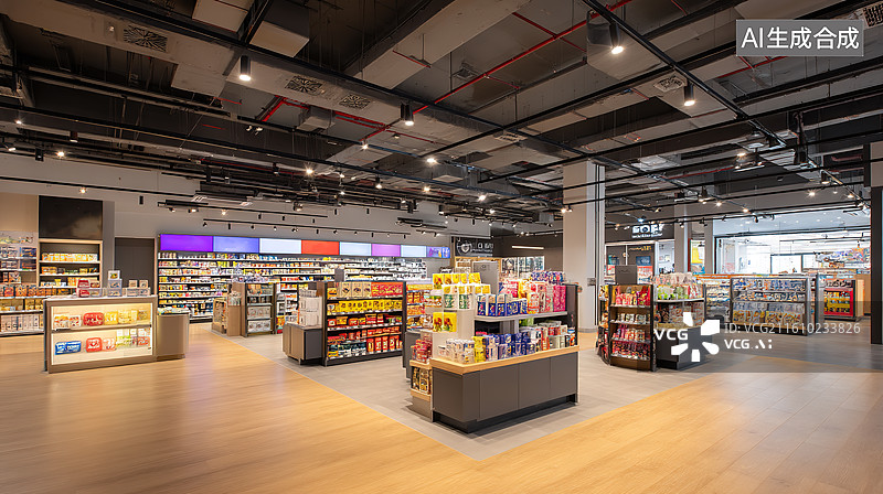 【AI数字艺术】摆放着琳琅满目的商品的大型超市货架图片素材