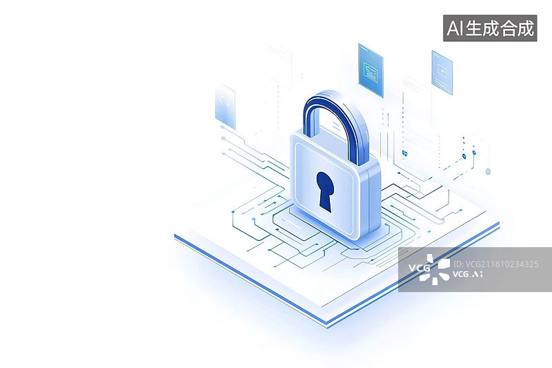 【AI数字艺术】白色背景下的数字化安全锁科技风插画图片素材