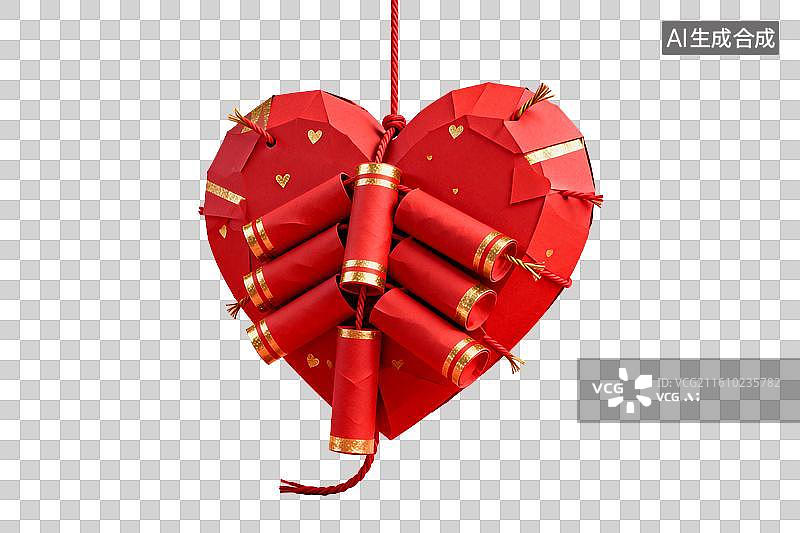 【AI数字艺术】红色心形装饰挂件配鞭炮造型图片素材