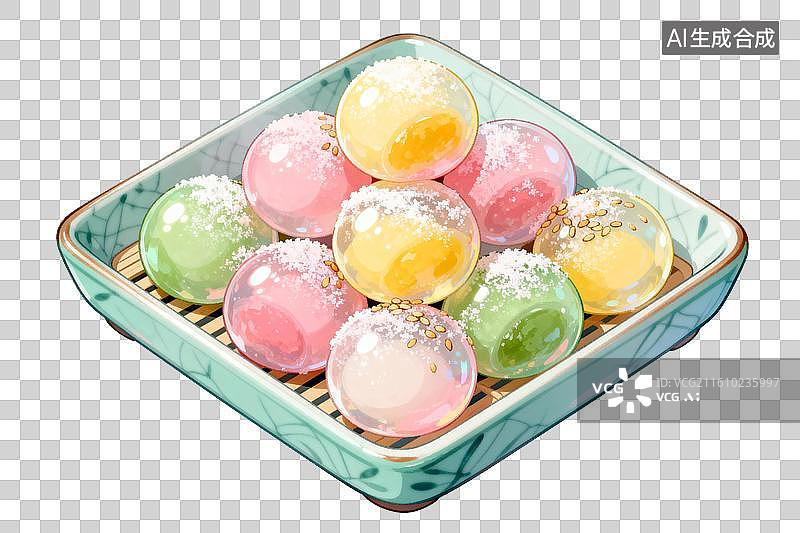 【AI数字艺术】彩色透明果冻甜点盛于青瓷盘中图片素材
