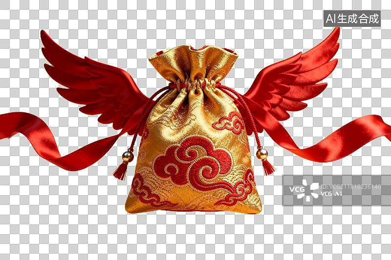 【AI数字艺术】金色云纹锦囊配红翼飘带图片素材