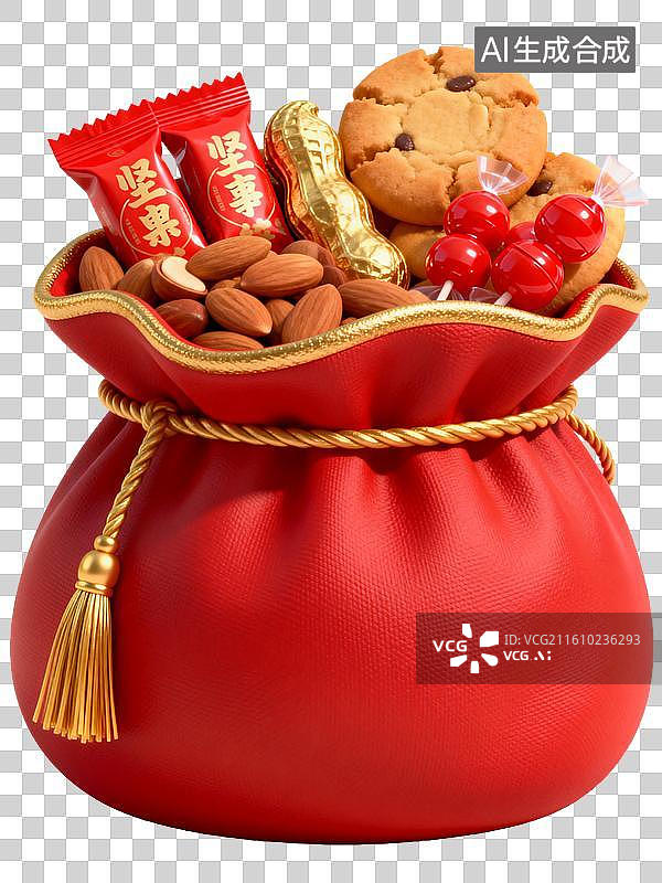 【AI数字艺术】红色福袋装满坚果糖果饼干图片素材