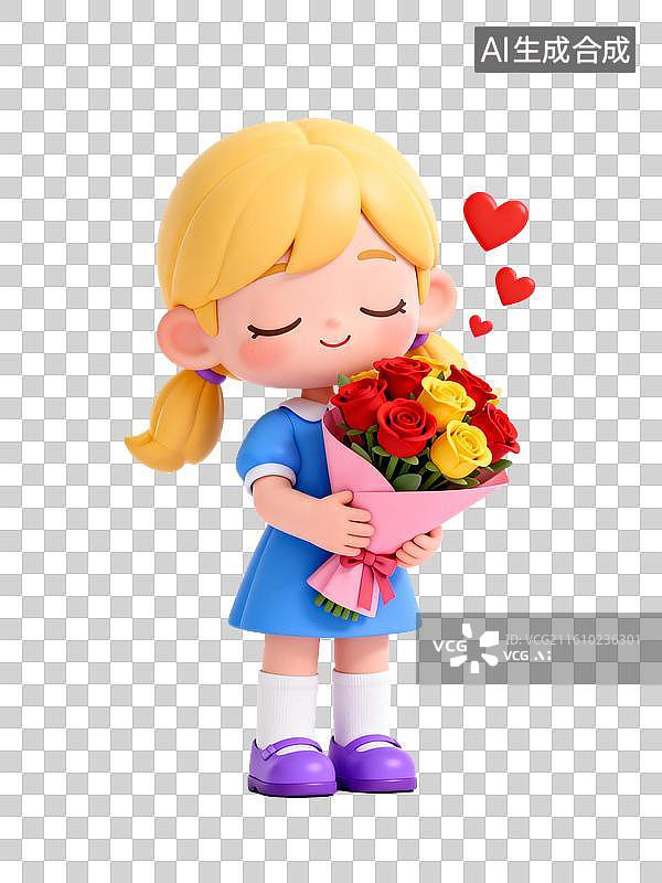 【AI数字艺术】金发女孩手捧玫瑰花束闭眼微笑图片素材