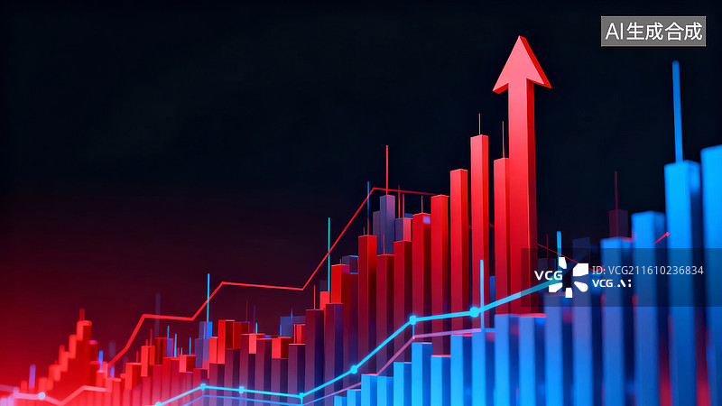 【AI数字艺术】红蓝双色柱状图与折线组合，背景为数据风暴，象征激烈竞争中的增长，适合用于行业白皮书或市场洞察图片素材