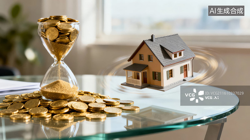 【AI数字艺术】沙漏、金币与房屋模型组合，表现房产投资的时间回报，适合房地产公司年度报告图片素材