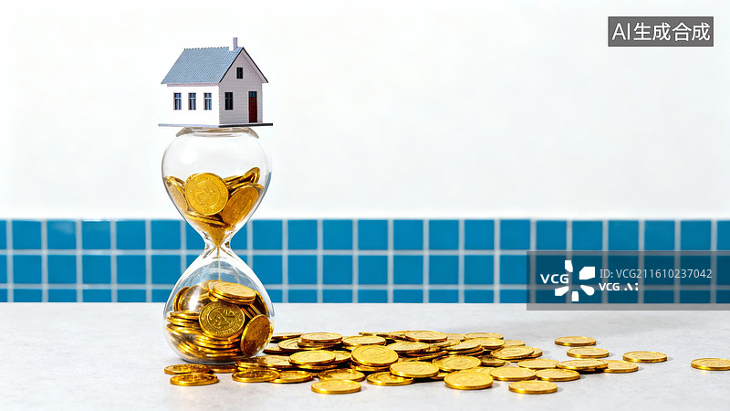 【AI数字艺术】沙漏与金币、房屋模型组合，表现财富增值与居住理想，适合房产中介或开发商宣传图片素材