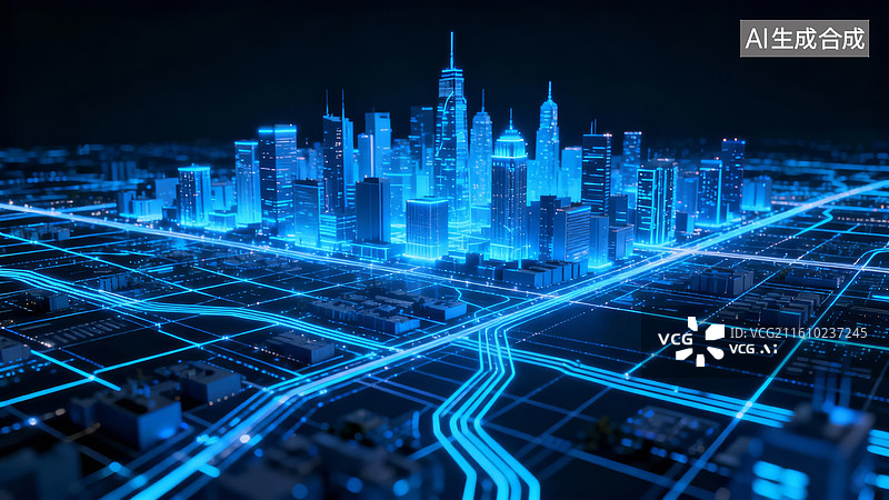 【AI数字艺术】蓝色科技网络覆盖城市，表现全域数字化，适合政府数字化转型或企业上云图片素材