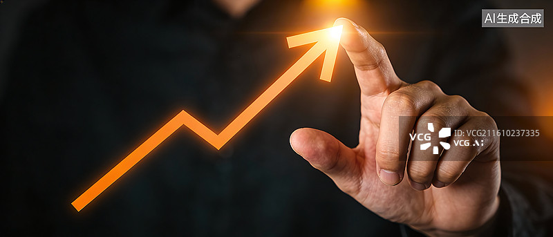 【AI数字艺术】商务人物触碰金色上升箭头图片素材