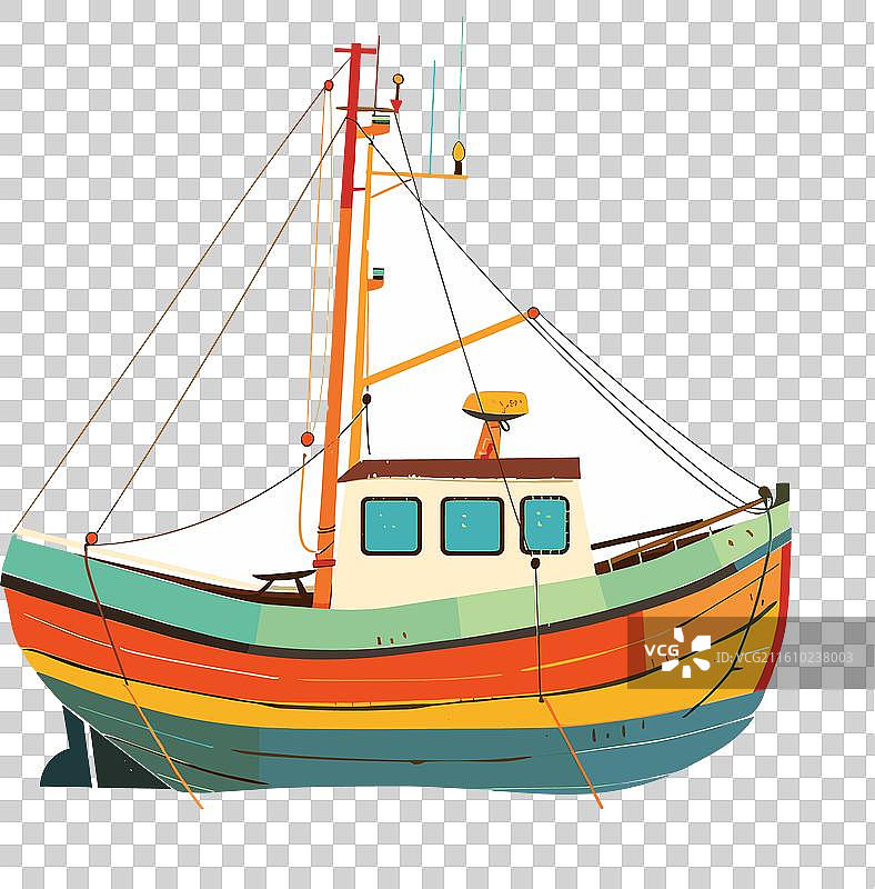 明亮的彩色渔船停靠在白色背景上图片素材