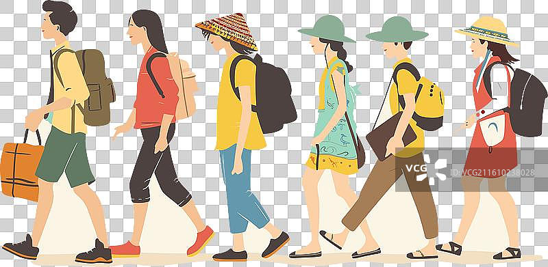 一群混合年龄和性别的徒步背包客图片素材