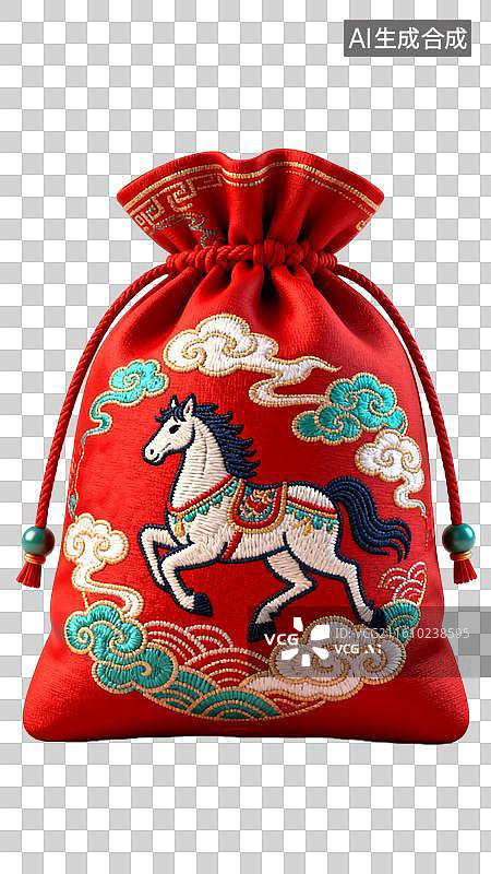 【AI数字艺术】马年福袋 马刺绣图案的福袋 马年春节元素插画图片素材