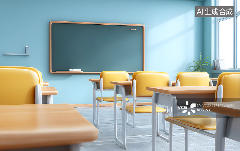 【AI数字艺术】卡通教室里放着黑板和课桌图片素材