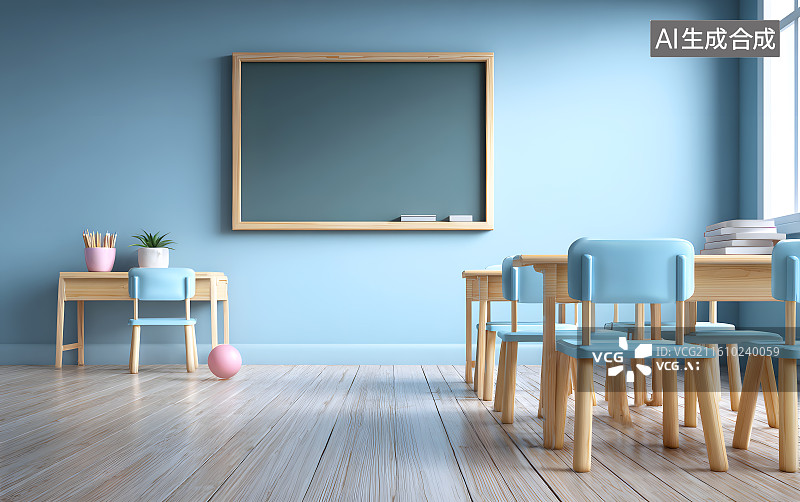 【AI数字艺术】卡通教室里放着黑板和课桌图片素材
