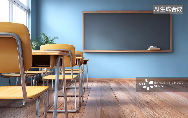【AI数字艺术】卡通教室里放着黑板和课桌图片素材